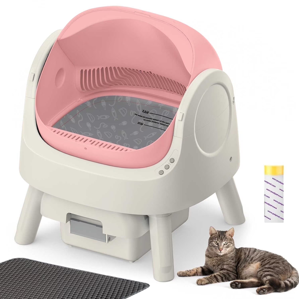Large Open-Top Automatic Cat Litter Box Self Cleaning with Safety Protection, Mat and Trash Bags Included, Pink